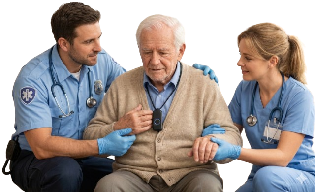 Medical alert professional assisting senior